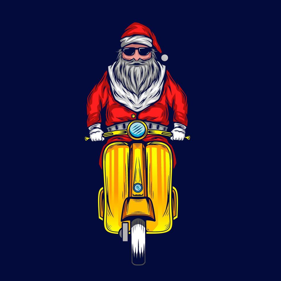 Papai Noel motociclista logotipo linha pop art potrait design colorido com fundo escuro. ilustração em vetor abstrato.