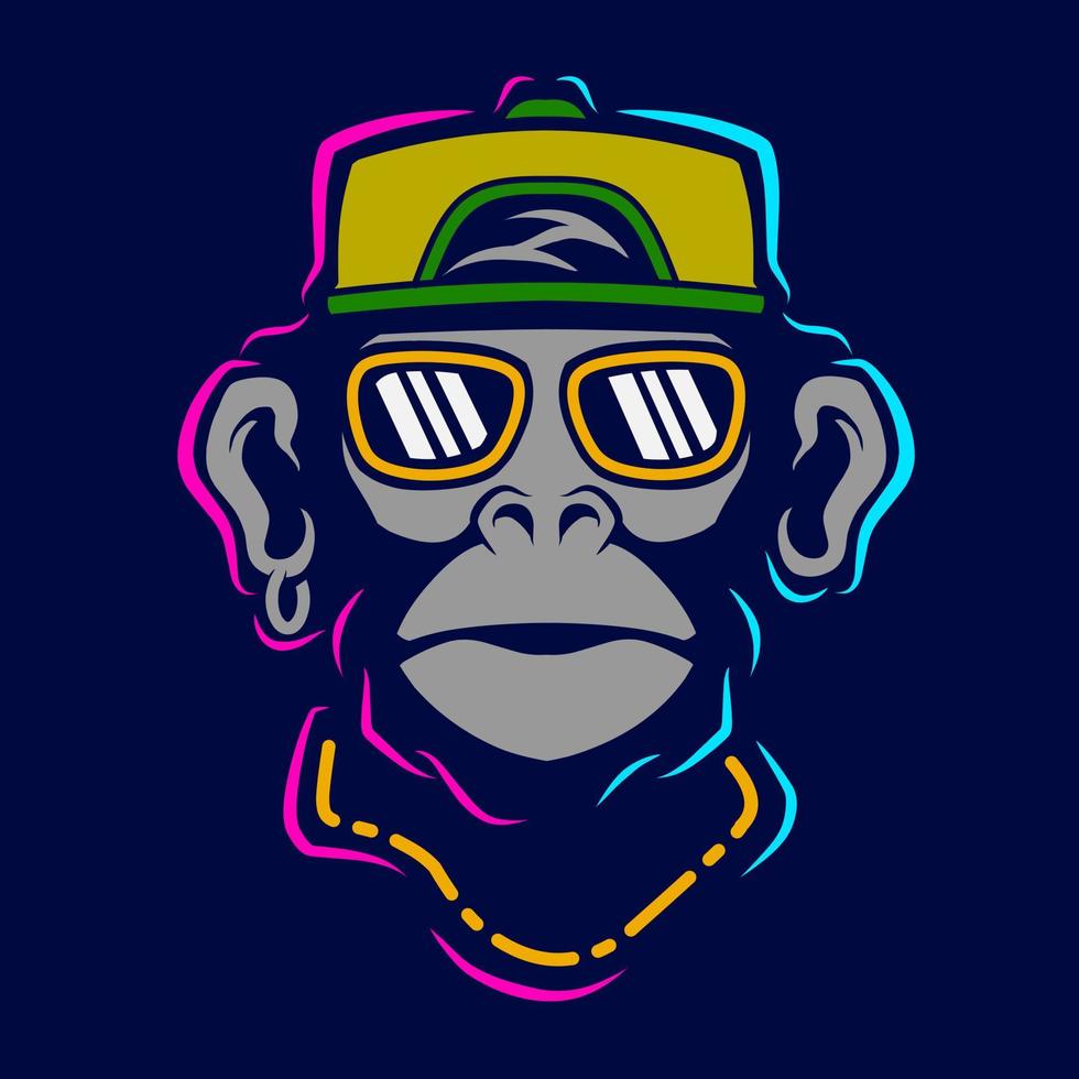 linha de macaco funky engraçado. logotipo da arte pop. design colorido com fundo escuro. ilustração em vetor abstrato. fundo preto isolado para camiseta, pôster, roupas, merchandising, vestuário, design de crachá