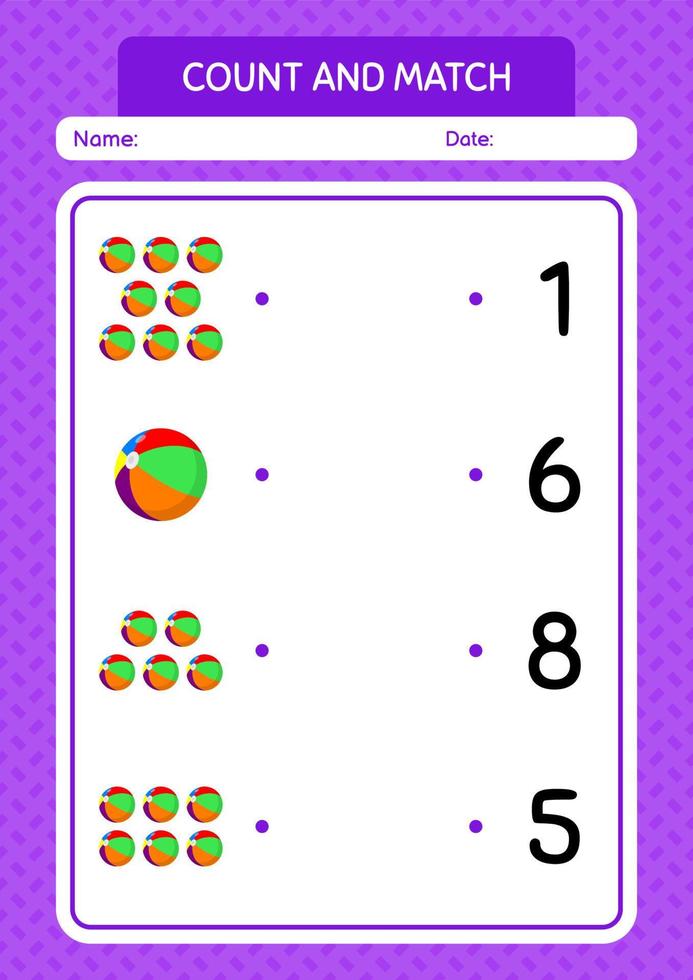 contar e combinar jogo com bola de praia. planilha para crianças pré-escolares, folha de atividades para crianças vetor