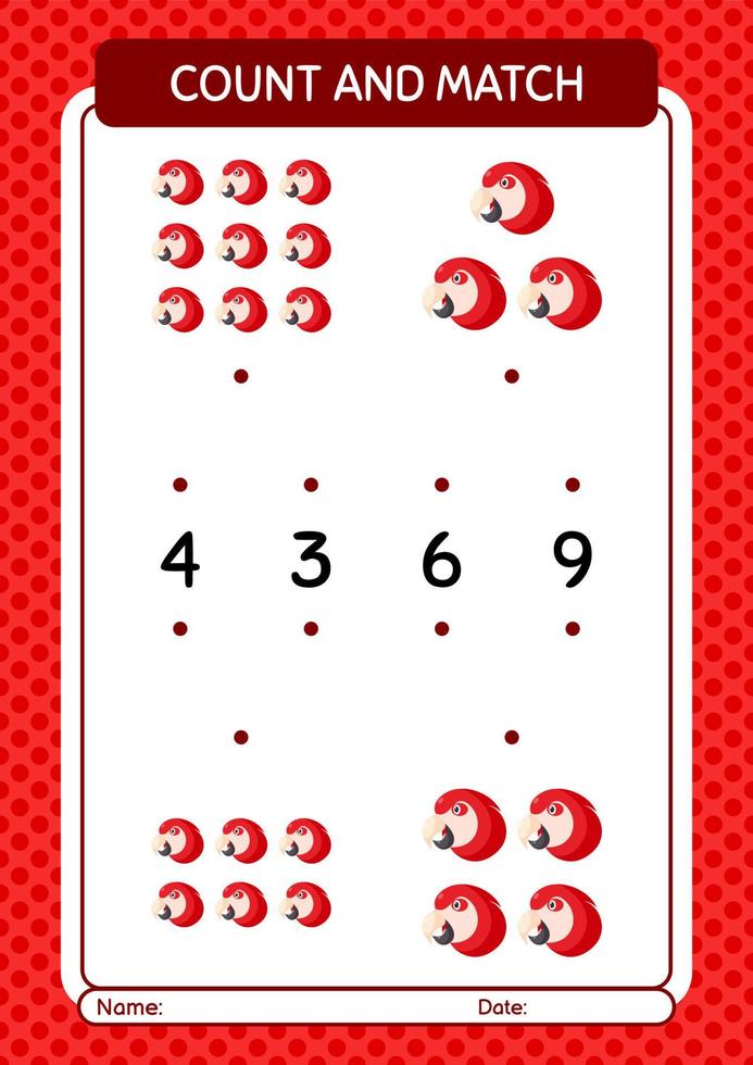 contar e combinar jogo com papagaio. planilha para crianças pré-escolares, folha de atividades para crianças vetor