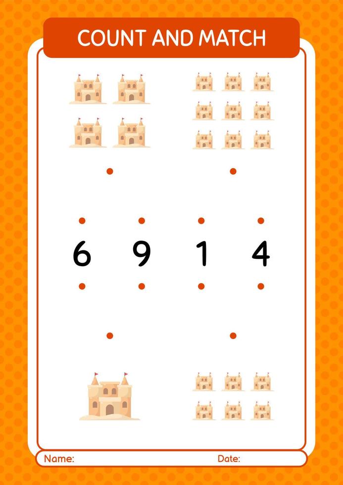 contar e combinar jogo com palácio de areia. planilha para crianças pré-escolares, folha de atividades para crianças vetor