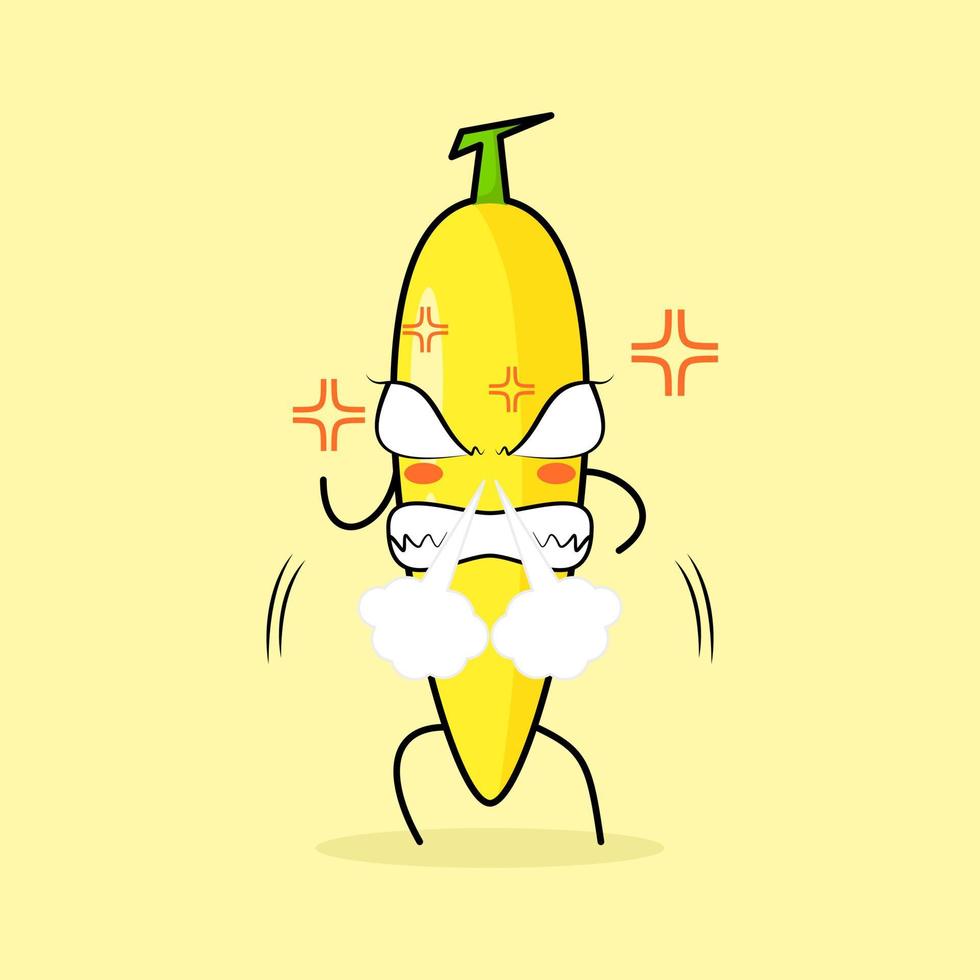 personagem de banana fofa com expressão de raiva. nariz soprando fumaça, olhos esbugalhados e sorrindo. verde e amarelo. adequado para emoticon, logotipo, mascote vetor