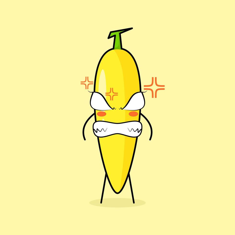 personagem de banana fofa com expressão de raiva. olhos esbugalhados e sorridentes. verde e amarelo. adequado para emoticon, logotipo, mascote vetor