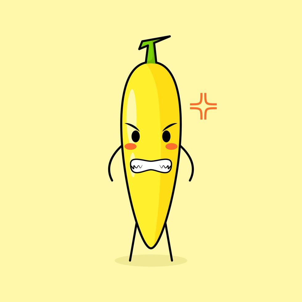 personagem de banana fofa com expressão de raiva. olhos esbugalhados e sorridentes. verde e amarelo. adequado para emoticon, logotipo, mascote vetor
