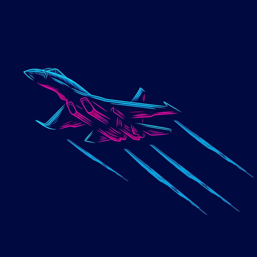 logotipo de arte pop de avião a jato. design colorido de aeronaves com fundo escuro. ilustração em vetor abstrato. fundo preto isolado para camiseta, pôster, roupas, merchandising, vestuário, design de crachá