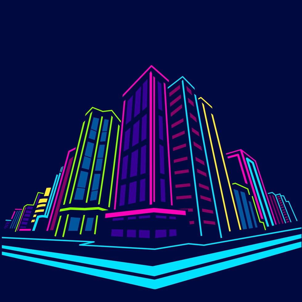 linha da cidade da noite negra. logotipo da arte pop. design colorido com fundo escuro. ilustração em vetor abstrato. fundo preto isolado para camiseta, pôster, roupas, merchandising, vestuário, design de crachá