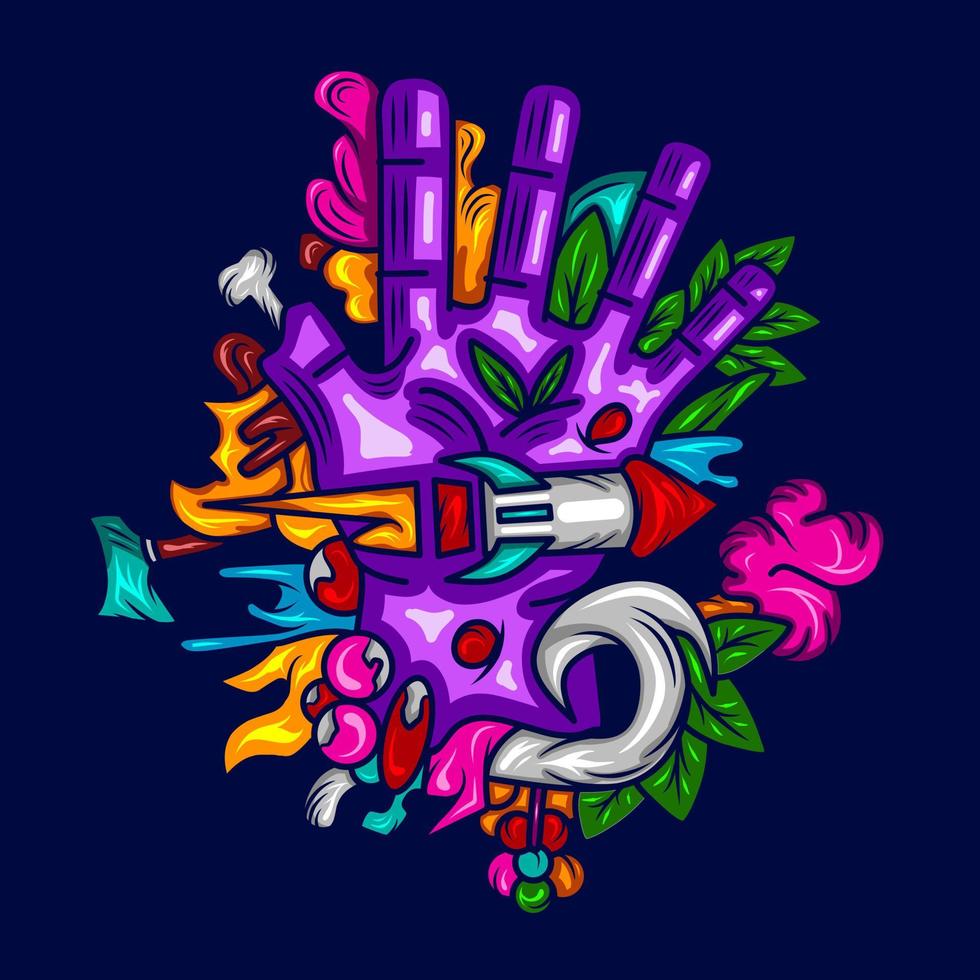 mão doodle graffiti arte potrait logotipo design colorido com fundo escuro. ilustração em vetor abstrato. fundo preto isolado para camiseta, pôster, roupas, merchandising, vestuário, design de crachá.