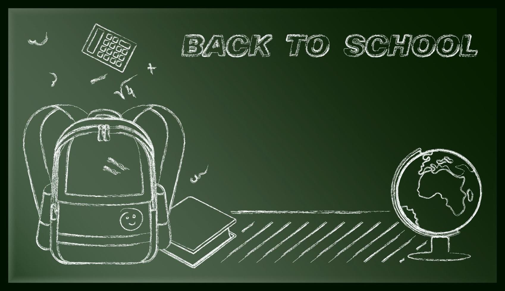 volta para a escola, web banner com mochila e globo desenhado com giz em um quadro negro. 1º de setembro, início do ano na escola. acessórios estudantis. vetor