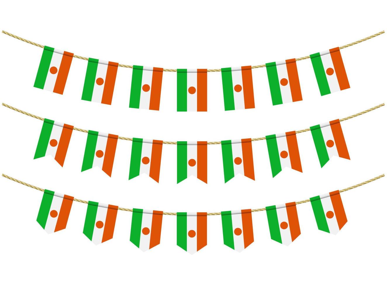 bandeira do niger nas cordas em fundo branco. conjunto de bandeiras de estamenha patriótica. decoração de estamenha da bandeira do niger vetor