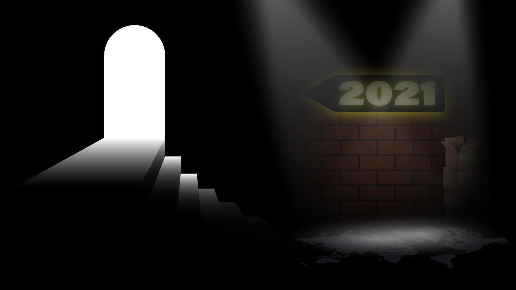 luz da porta. descer da porta. saída da crise 2020 para o novo 2021. espera o melhor, atormentado por um futuro brilhante no próximo ano, medo ou sucesso. vetor