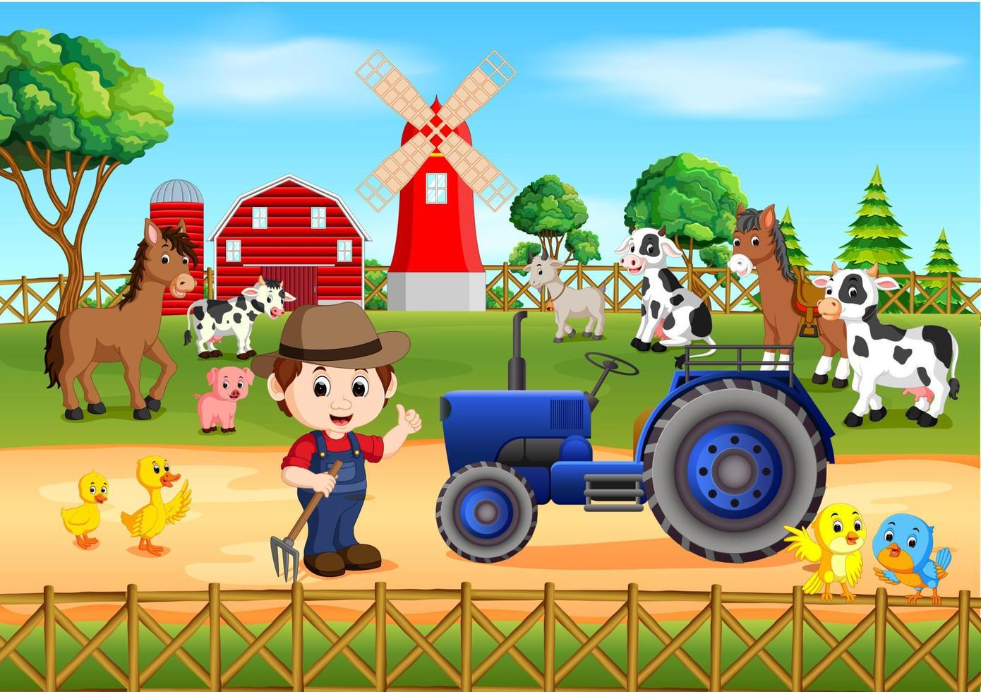 cenas de fazenda com muitos animais e agricultores vetor