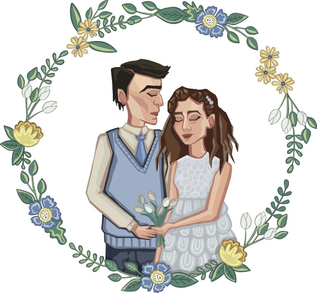 casal de noivos, noivo e noiva ilustração de decoração de quadro de flores de desenho animado vetor