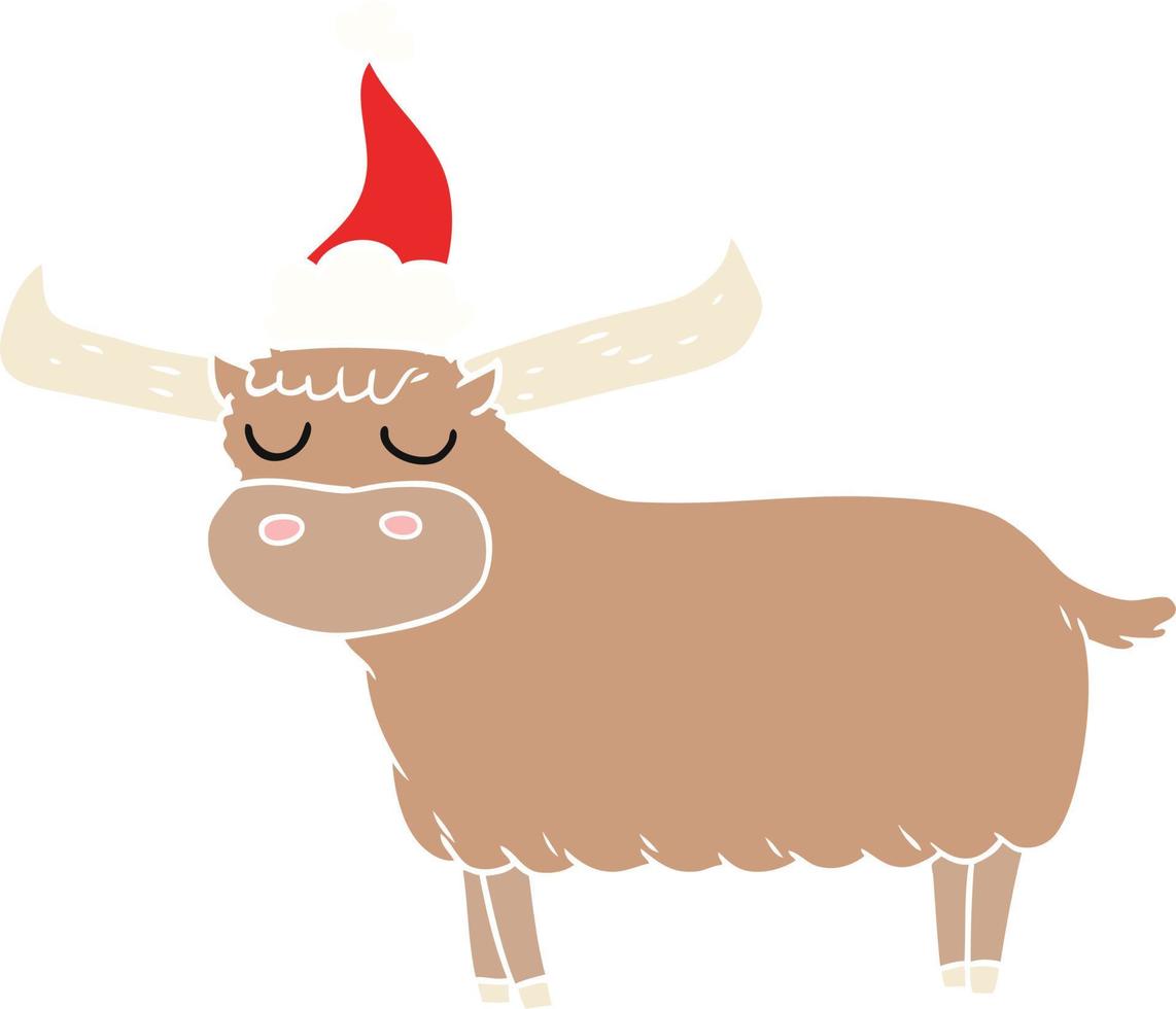 ilustração de cor lisa de um touro usando chapéu de papai noel vetor