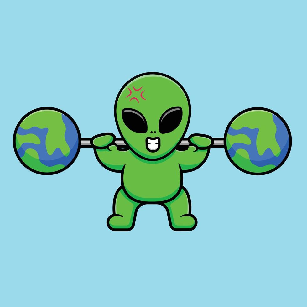 bonito alienígena levantamento terra barbell cartoon ilustração ícone do vetor. ciência esporte ícone conceito isolado vetor premium.