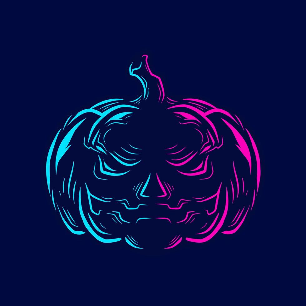 logotipo de arte pop de linha de abóbora de halloween. design de festa colorida com fundo escuro. ilustração em vetor abstrato. fundo preto isolado para camiseta, pôster, roupas, merchandising, vestuário, design de crachá