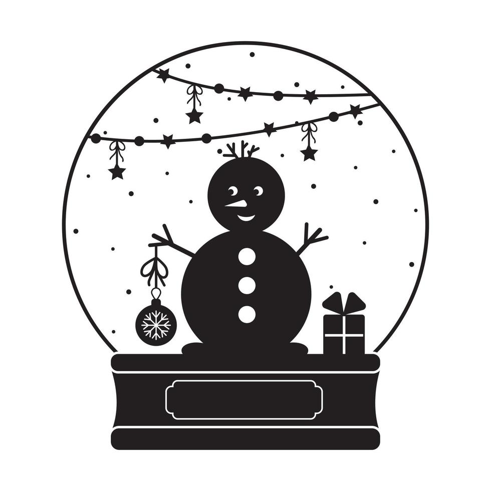 globo de neve com boneco de neve e guirlanda, estêncil preto, ilustração vetorial isolada vetor