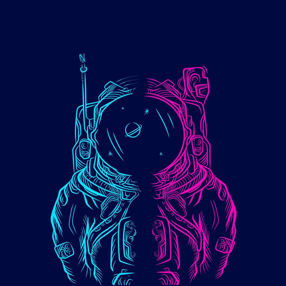 astronauta explorar a linha de galáxia pop art retrato logotipo design colorido com fundo escuro vetor