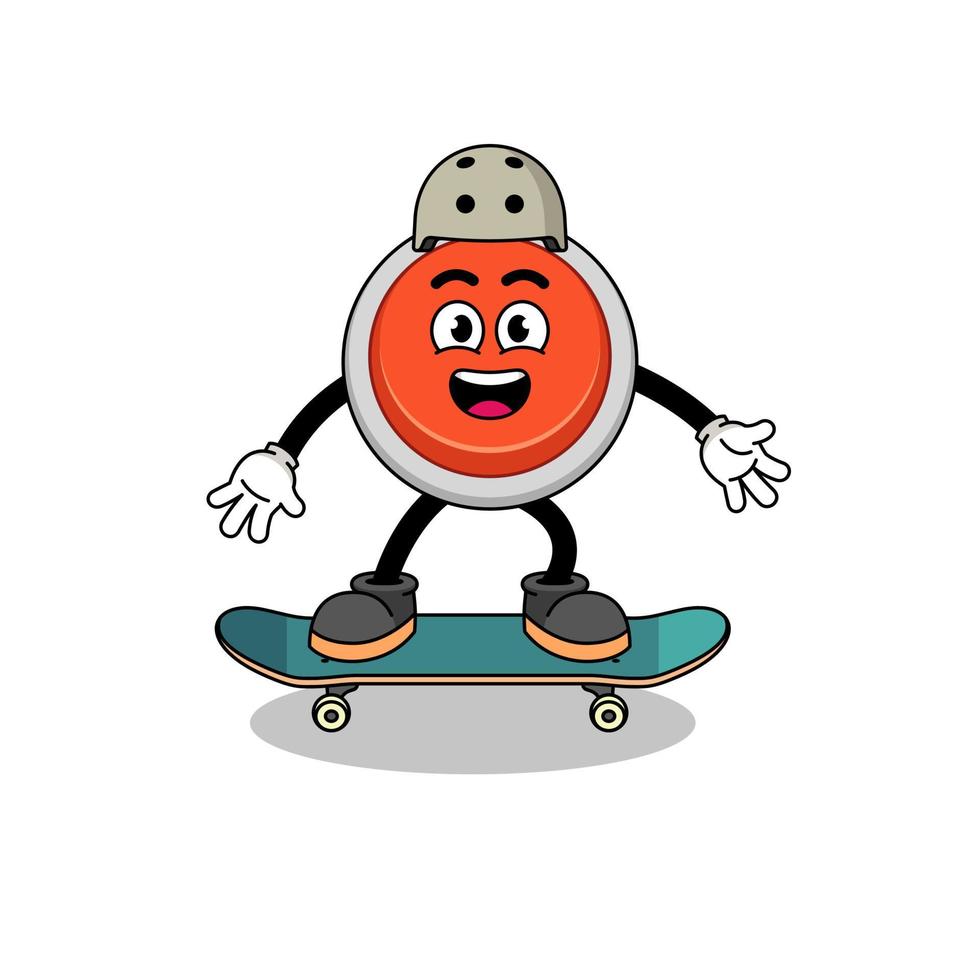 mascote de botão de emergência jogando um skate vetor