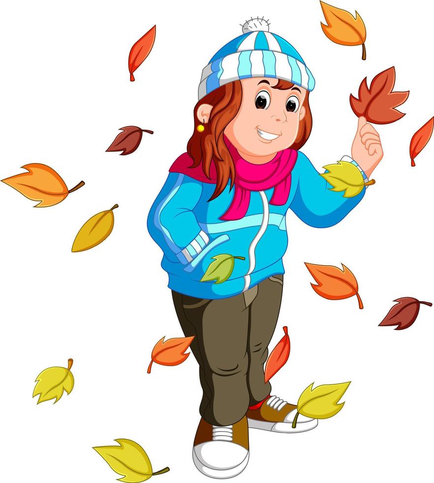 menina com folhas de outono vetor