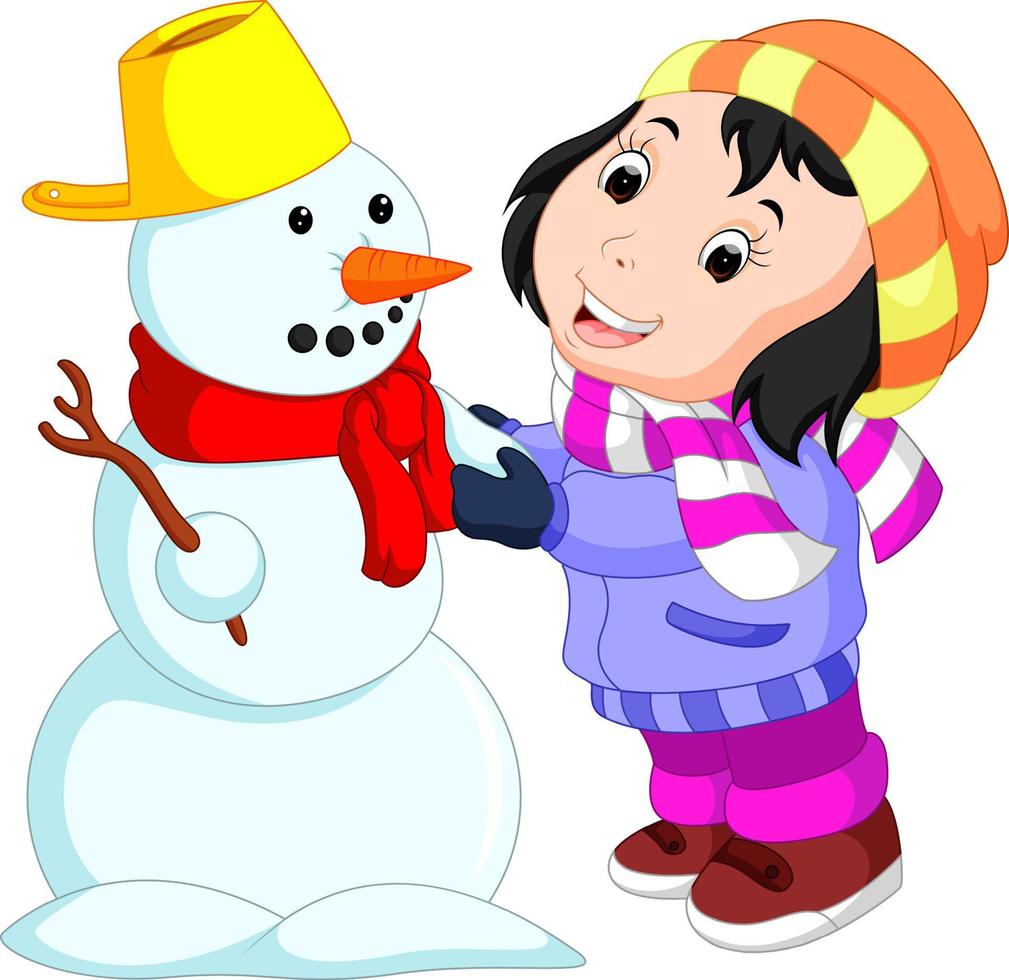 crianças dos desenhos animados brincando com boneco de neve vetor