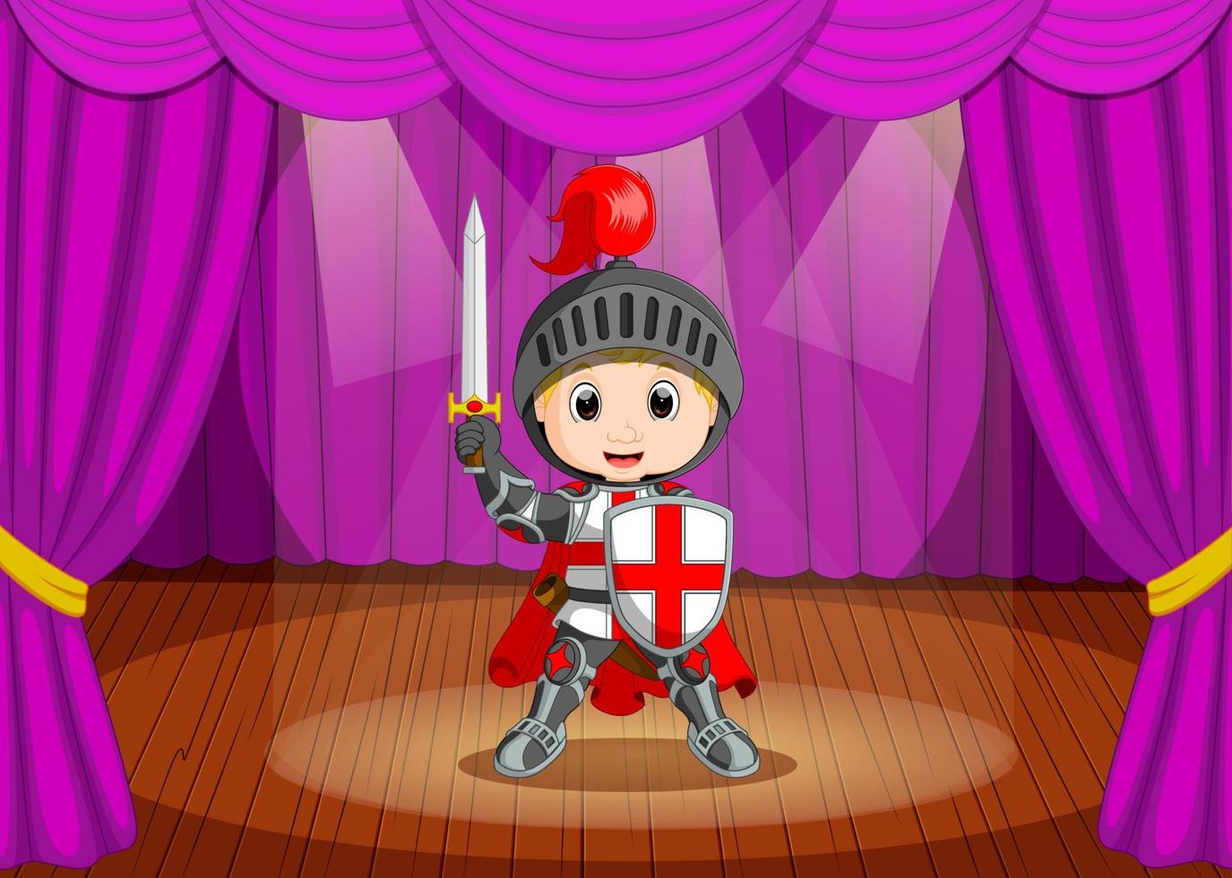 menino bonitinho vestindo fantasia de cavaleiro no palco vetor