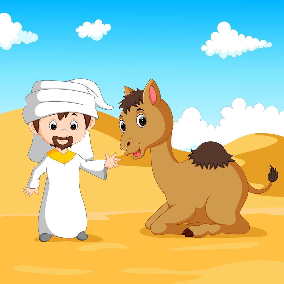 ilustração de menino árabe e um camelo no deserto vetor
