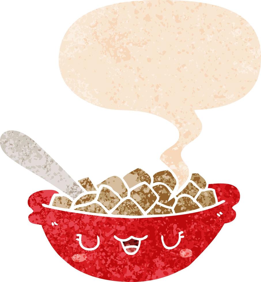 tigela de desenho animado bonito de cereais e bolha de fala em estilo retrô-texturizado vetor