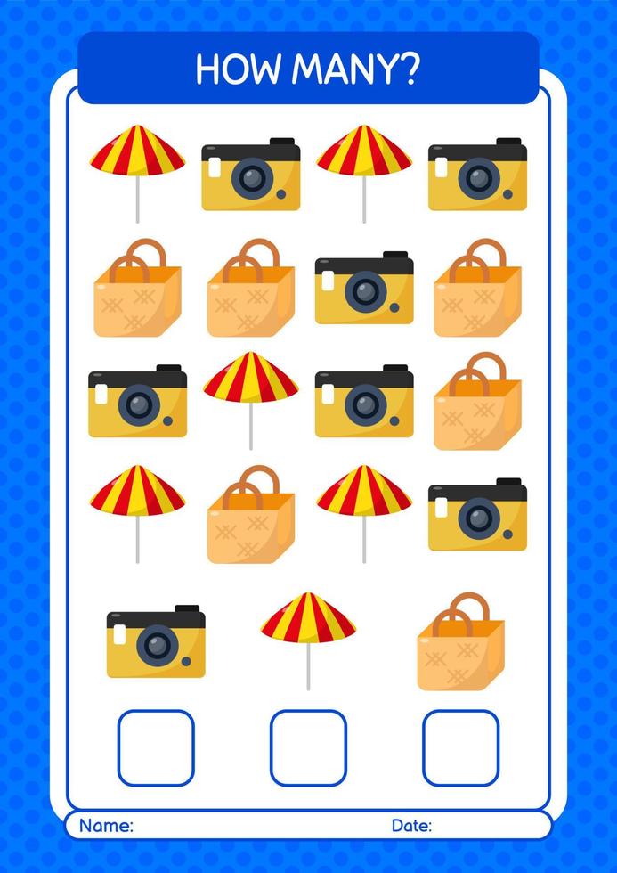 quantos jogo de contagem com ícone de verão. planilha para crianças pré-escolares, folha de atividades para crianças vetor