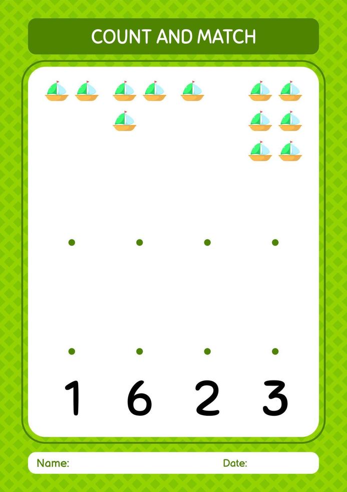 contar e combinar jogo com veleiro. planilha para crianças pré-escolares, folha de atividades para crianças vetor