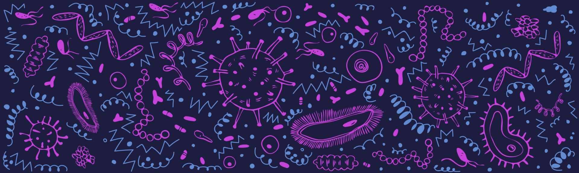 banner horizontal com doodle de microorganismos rosa e azul em fundo azul escuro. ilustração vetorial de uma variedade de bacilos e bactérias, vírus e estreptococos em um arranjo caótico. vetor