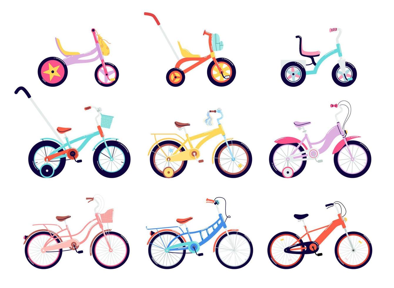 conjunto de bicicletas para crianças e adultos. uma variedade de bicicletas de duas, três e quatro rodas com diferentes tipos de quadros. coleção de bicicletas de equilíbrio coloridas. ilustração em vetor de veículos masculinos e femininos.