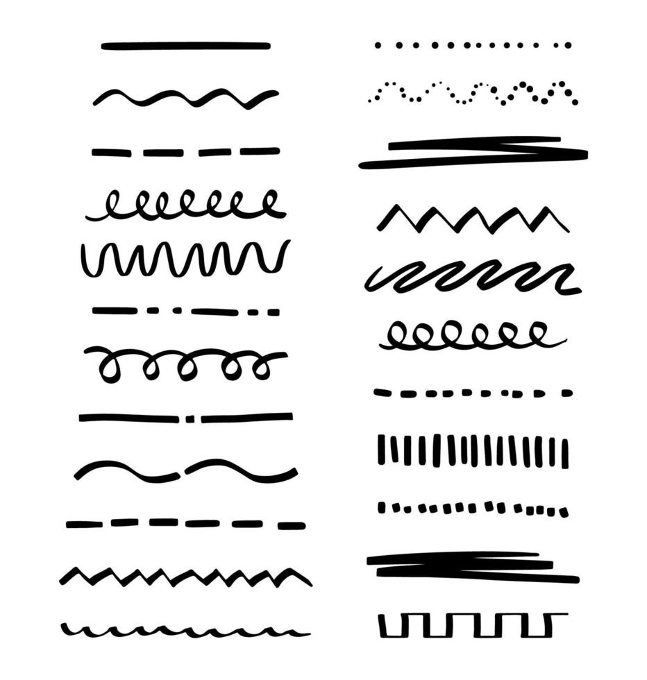 um conjunto de várias linhas de marca-texto e sublinhado. uma coleção de elementos gráficos desenhados à mão com um pincel livre. ilustração vetorial de traços de doodle e marcadores isolados no fundo branco vetor