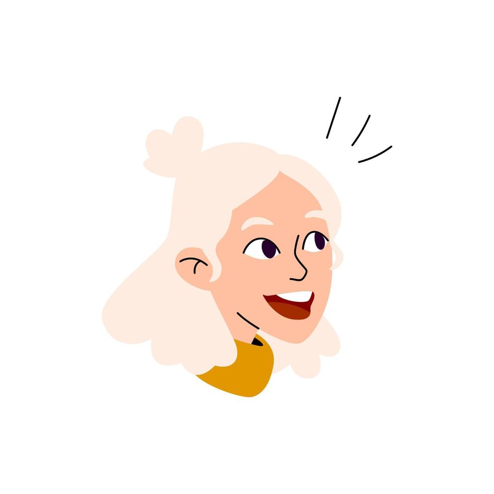 a cabeça da mulher fala e sorri. avatar de uma jovem com uma gola amarela de um suéter. personagem feminina de desenho animado. ilustração em vetor estoque isolado no fundo branco.