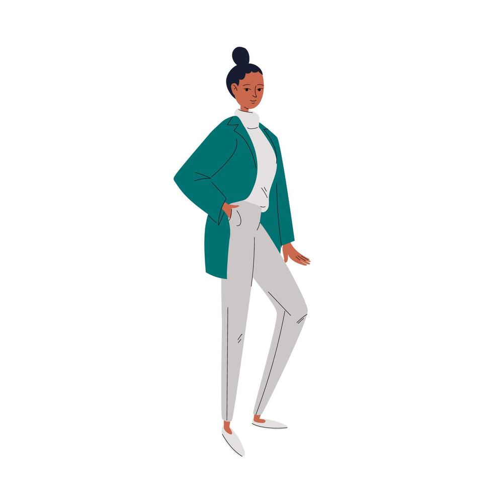 uma bela jovem com uma jaqueta esmeralda e suéter e calça cinza. a garota segura a mão no bolso. uma personagem feminina em roupas casuais. ilustração vetorial isolada no fundo branco. vetor