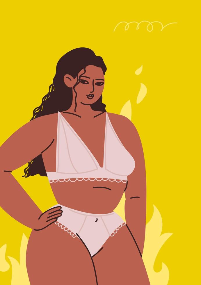 cartaz com uma mulher de lingerie. jovem em um fundo amarelo. uma morena bronzeada fica contra um fundo de chamas. ilustração vetorial para cartão postal, pôster. vetor