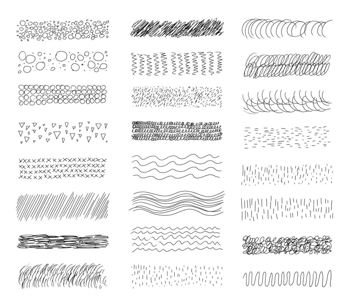 uma coleção desenhada à mão de uma variedade de pincéis abstratos, texturas de linhas finas desenhadas à mão de diferentes formas. conjunto de doodle rodopiando e formas retas isoladas no fundo branco. vetor