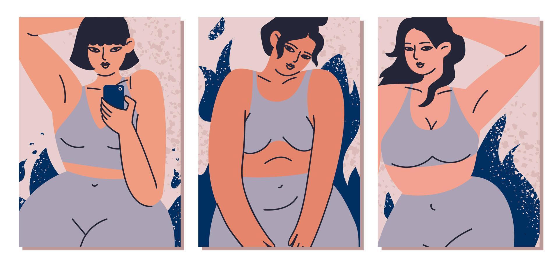 cartazes femininos de coleção, close-up de cartões postais em um agasalho cinza. uma jovem tímida com um telefone na mão. definir ilustrações vetoriais de beleza feminina e corpo positivo no estilo cartoon. vetor