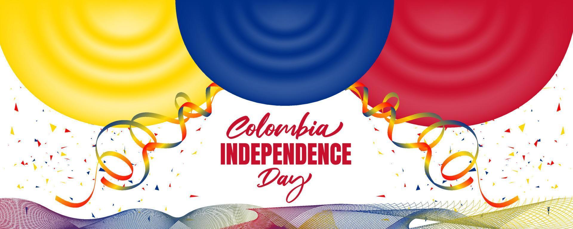 dia da independência da colômbia com bandeira da colômbia acenando e design de fundo de cor branca de fita colorida vetor