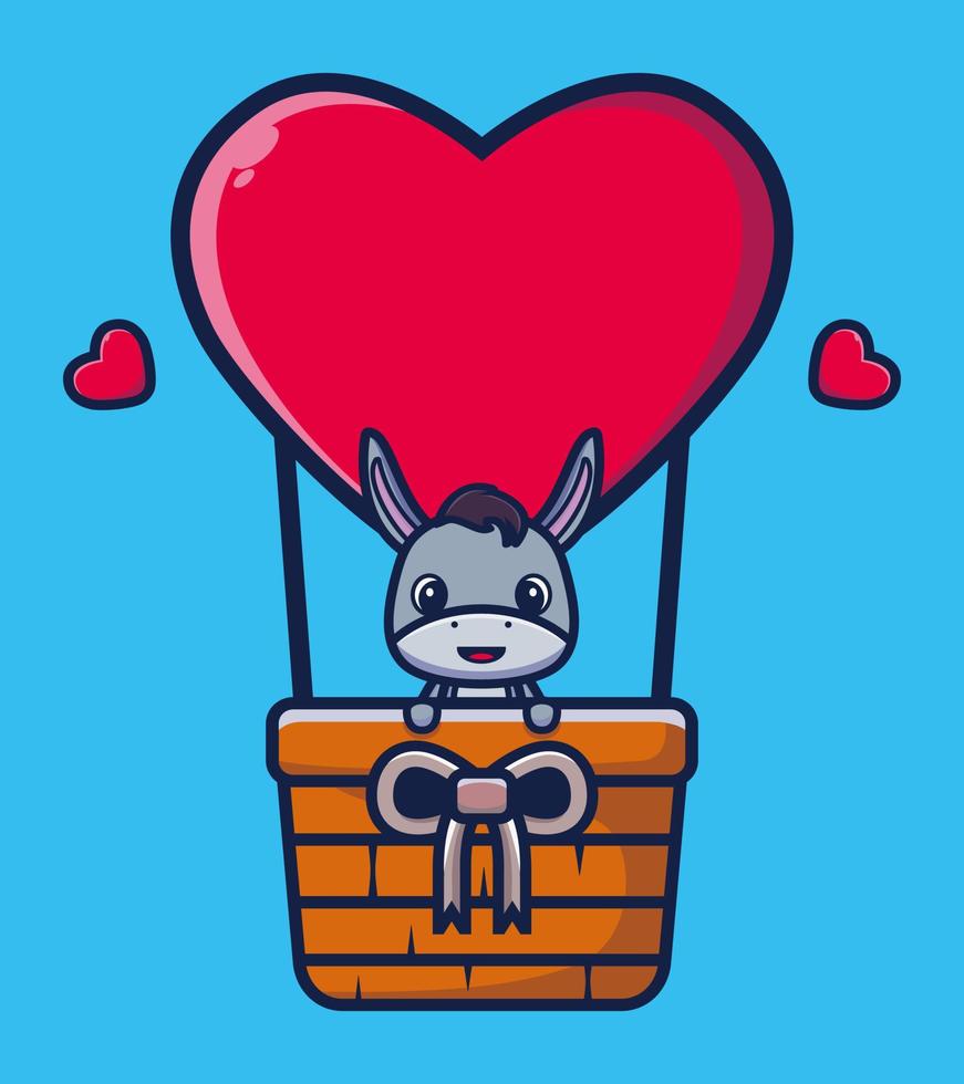 burro bonito voando com ilustração vetorial de desenho animado de balão de amor vetor