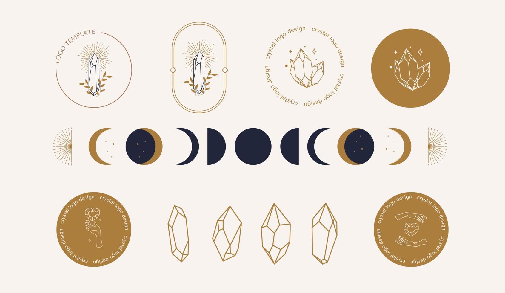 um conjunto de cristal de logotipos de mão feminina em um estilo linear mínimo. modelo de logotipo místico de cristais de sol e lua vetor