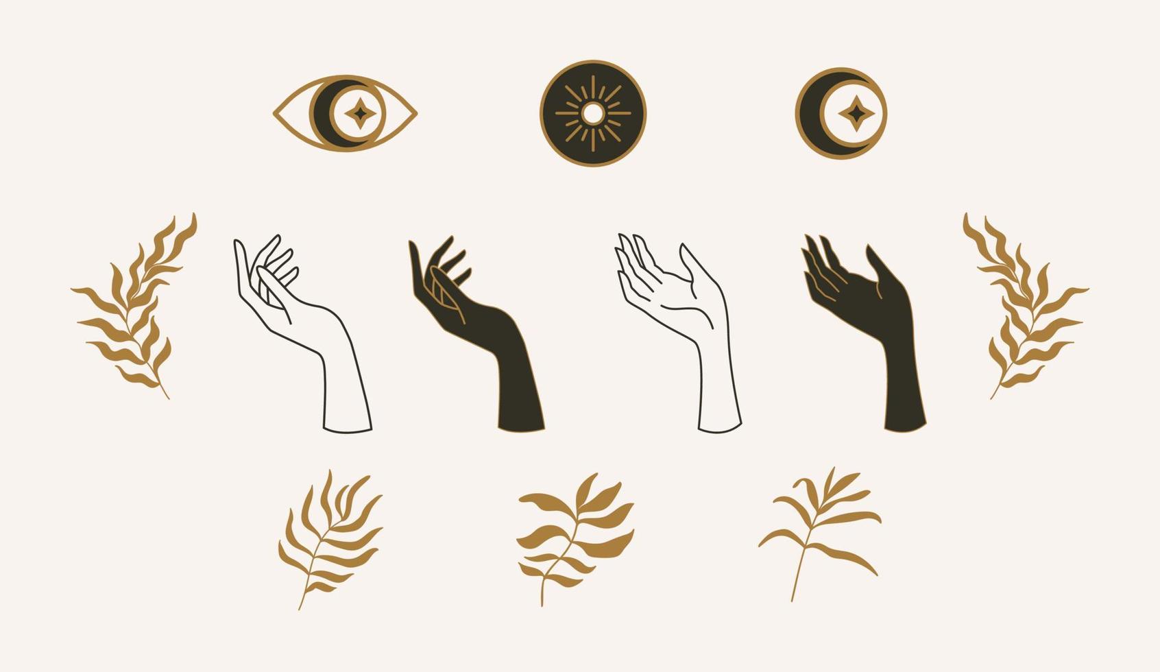 um conjunto de modelos para logotipos em um estilo linear mínimo. conjunto místico de sol, folhas, mãos, olhos, lua e estrela. vetor