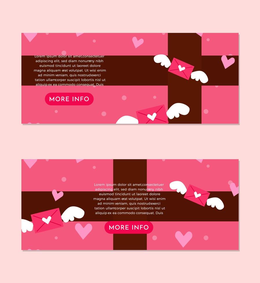 linda caixa rosa com cartas de amor e modelo de design de conjunto de banner de amor vetor