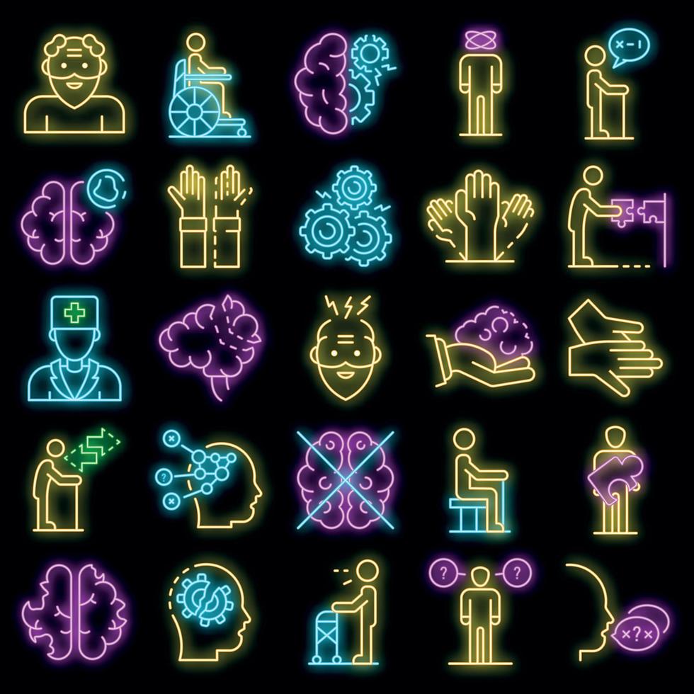 conjunto de ícones da doença de alzheimer vetor neon