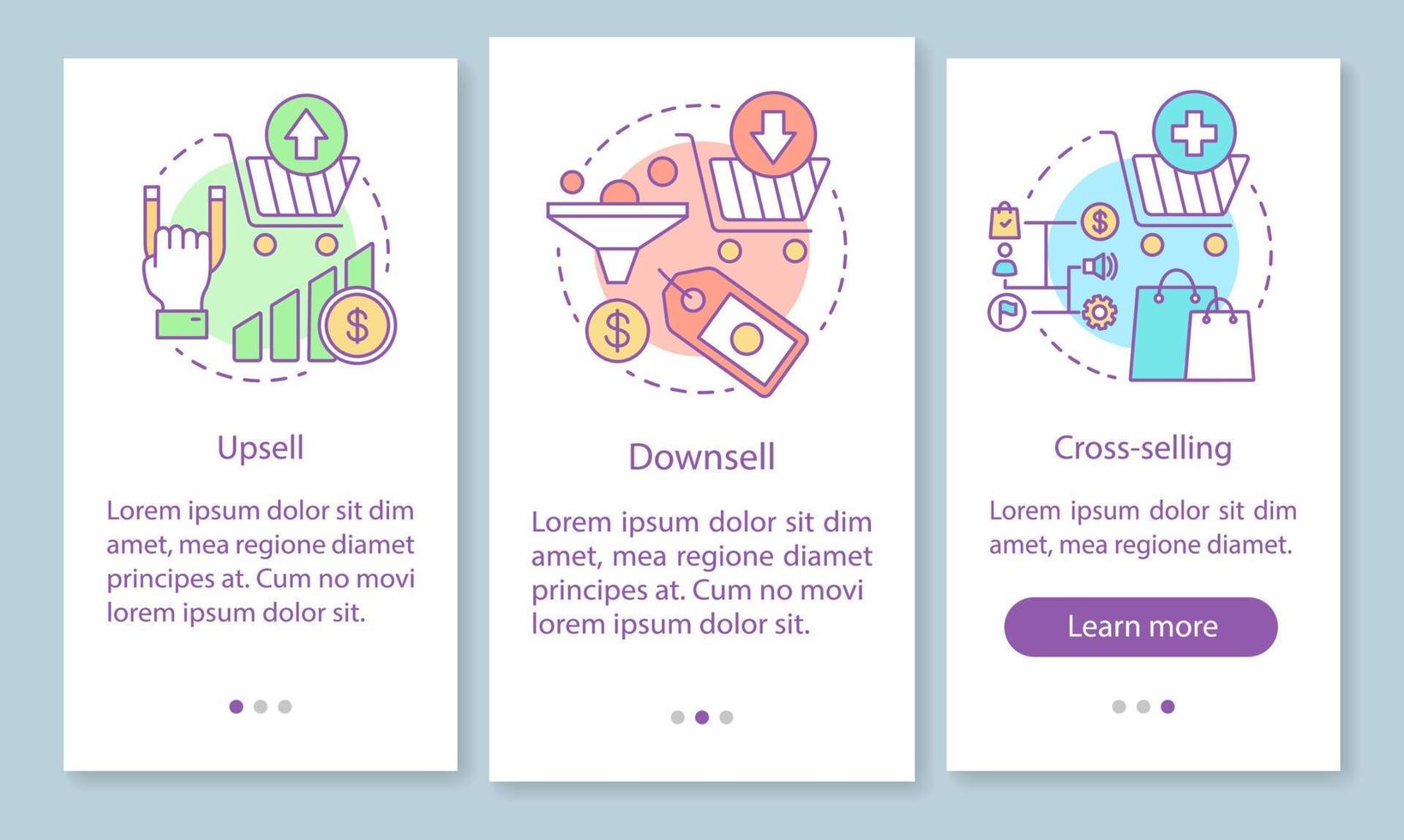 tela de página de aplicativo móvel de integração de vendas com conceitos lineares. upsell, downsell passo a passo instruções gráficas. venda cruzada. renda aumentando. ux, ui, modelo de vetor gui com ilustrações