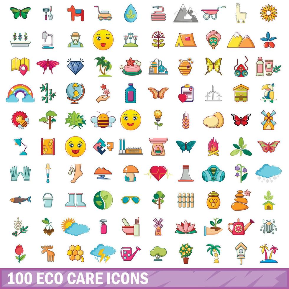 conjunto de 100 ícones de cuidados ecológicos, estilo cartoon vetor