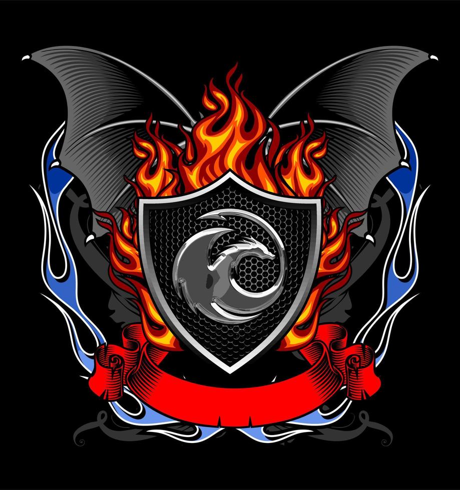 escudo fogo ardente asas de morcego vetor