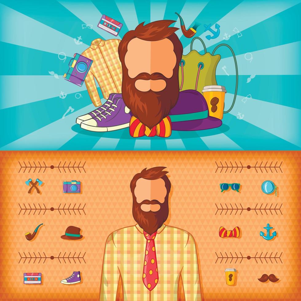 banner de homem hipster definido horizontal, estilo cartoon vetor