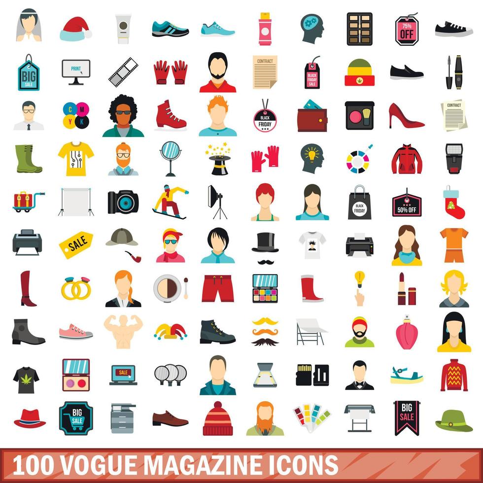 conjunto de 100 ícones da revista vogue, estilo simples vetor