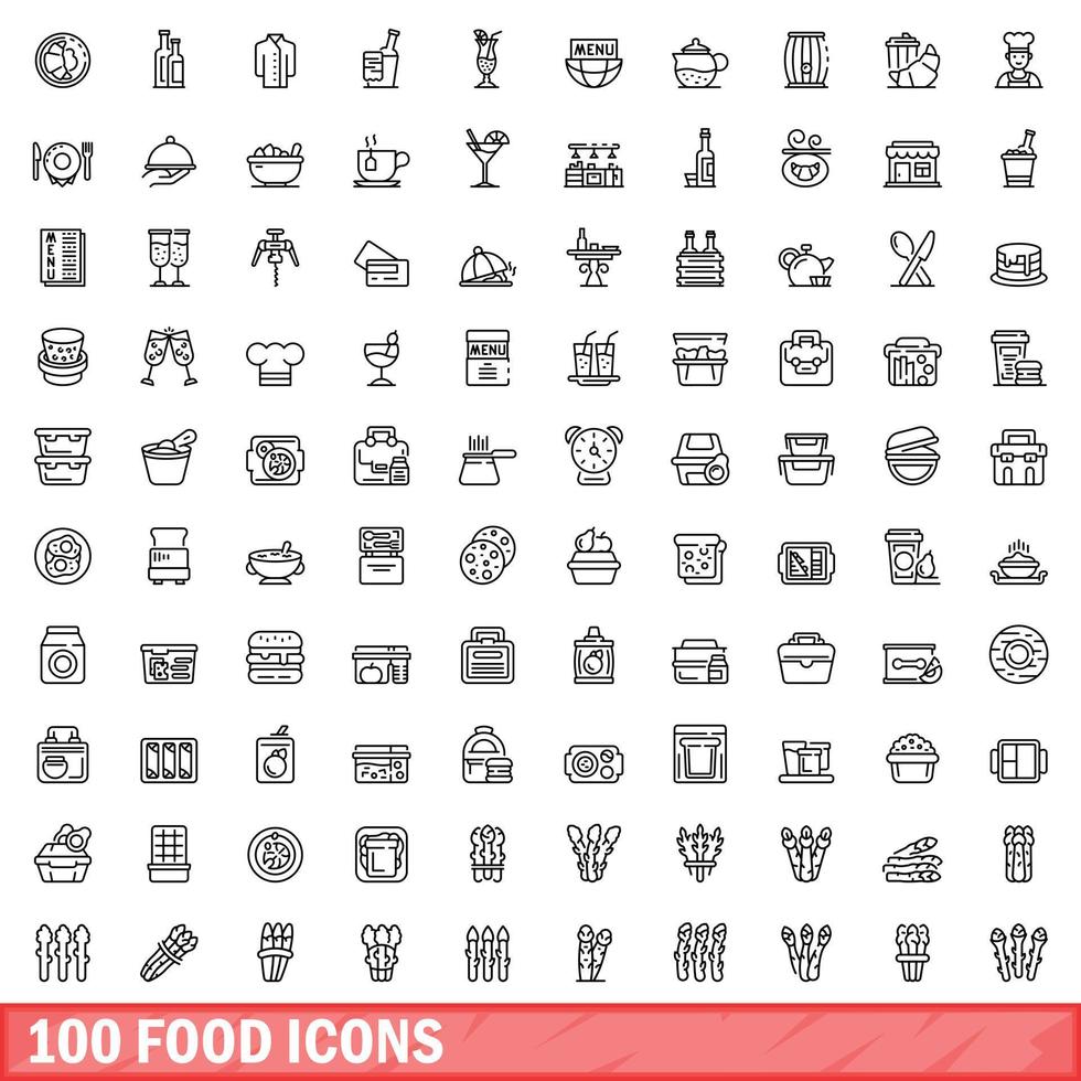 conjunto de 100 ícones de comida, estilo de contorno vetor