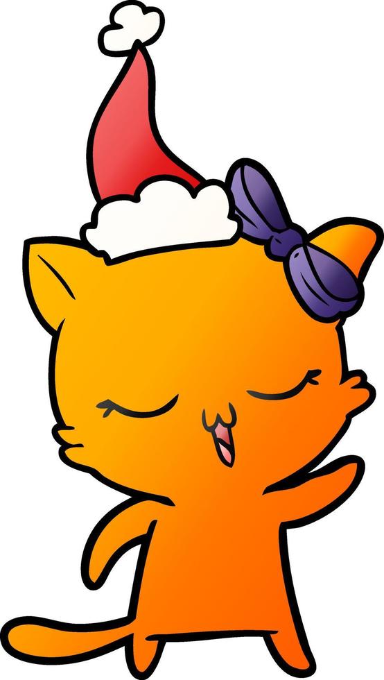 desenho de gradiente de um gato com laço na cabeça usando chapéu de papai noel vetor